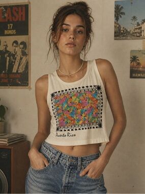 Vintage Toucan Dance Puerto Rico Graphic Crop Tank Top Size L Made in USA